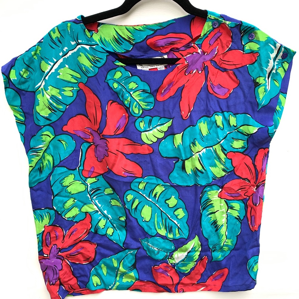 Vintage 80s Silk Top Womens Small Tropical Hibiscus Floral Hawaii Resort Y2K New